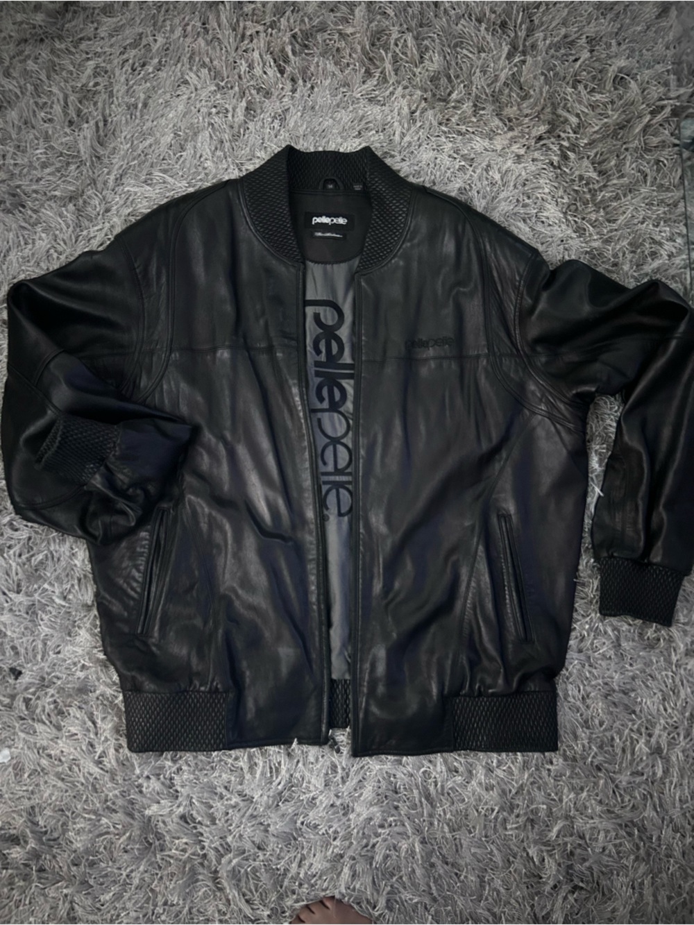Pelle Pelle Black Leather Bomber Jacket with Branded Center Panel